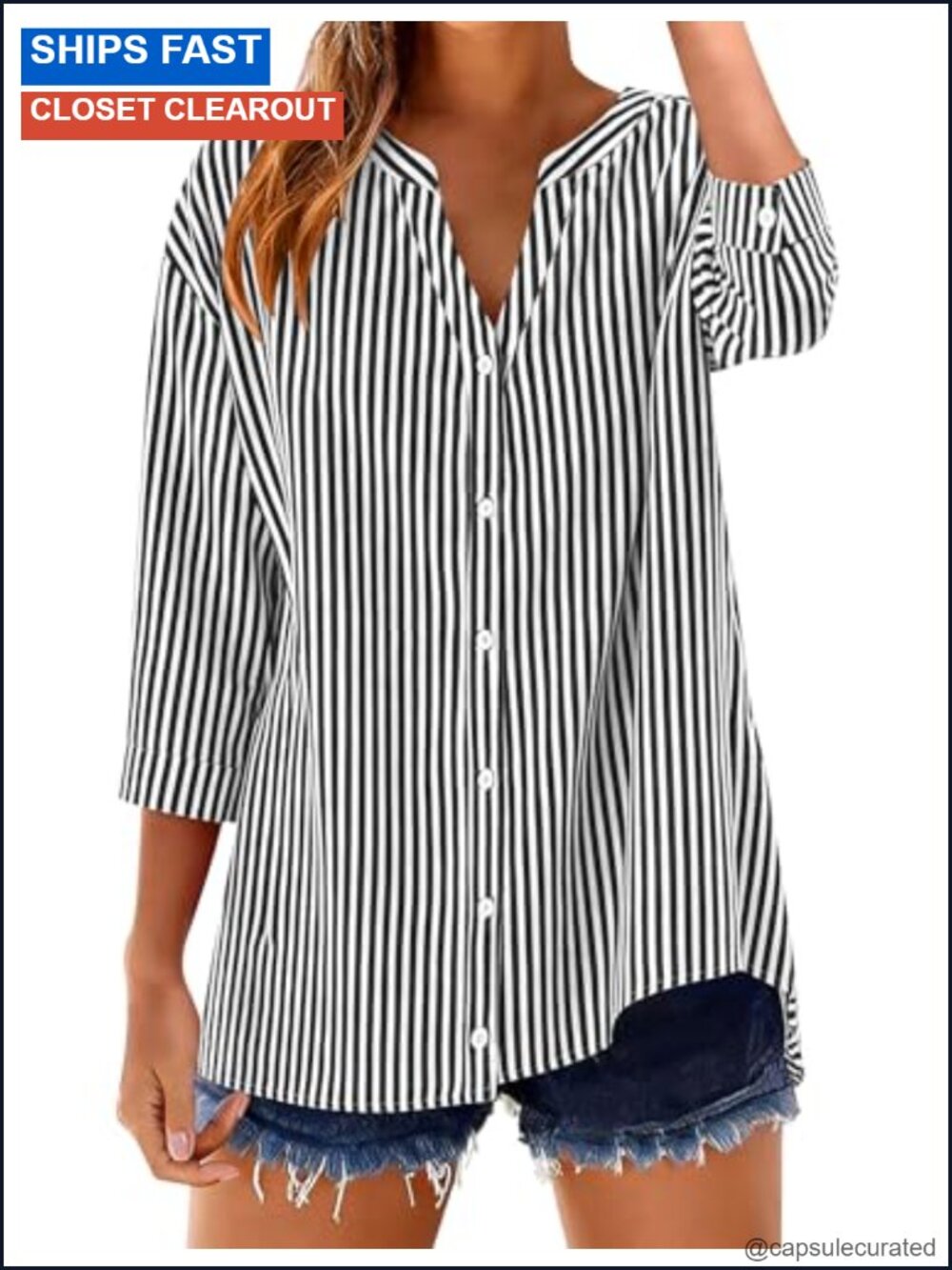 Women's Cotton V-Neck Button Down Shirt, 3/4 Sleeve Blouse, Striped